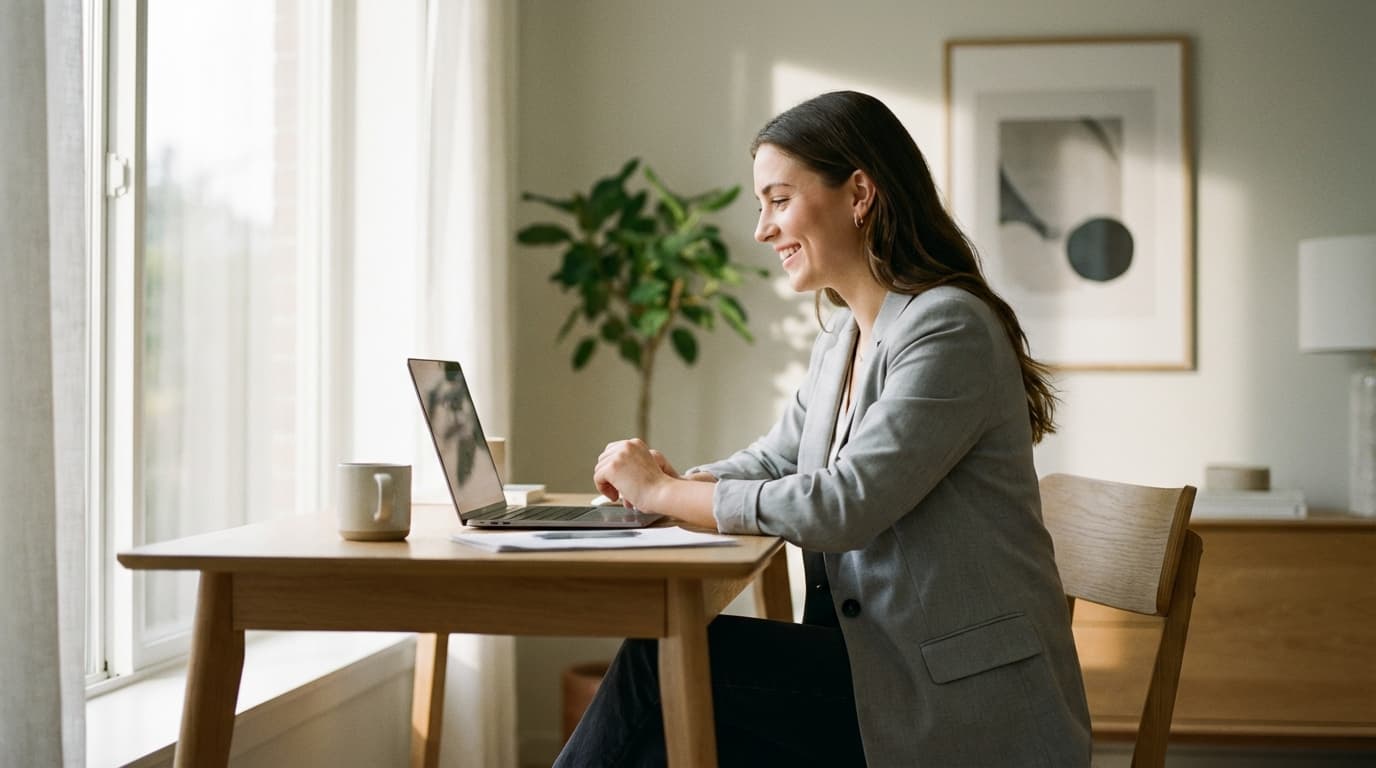 Professional recording an async video interview on a laptop