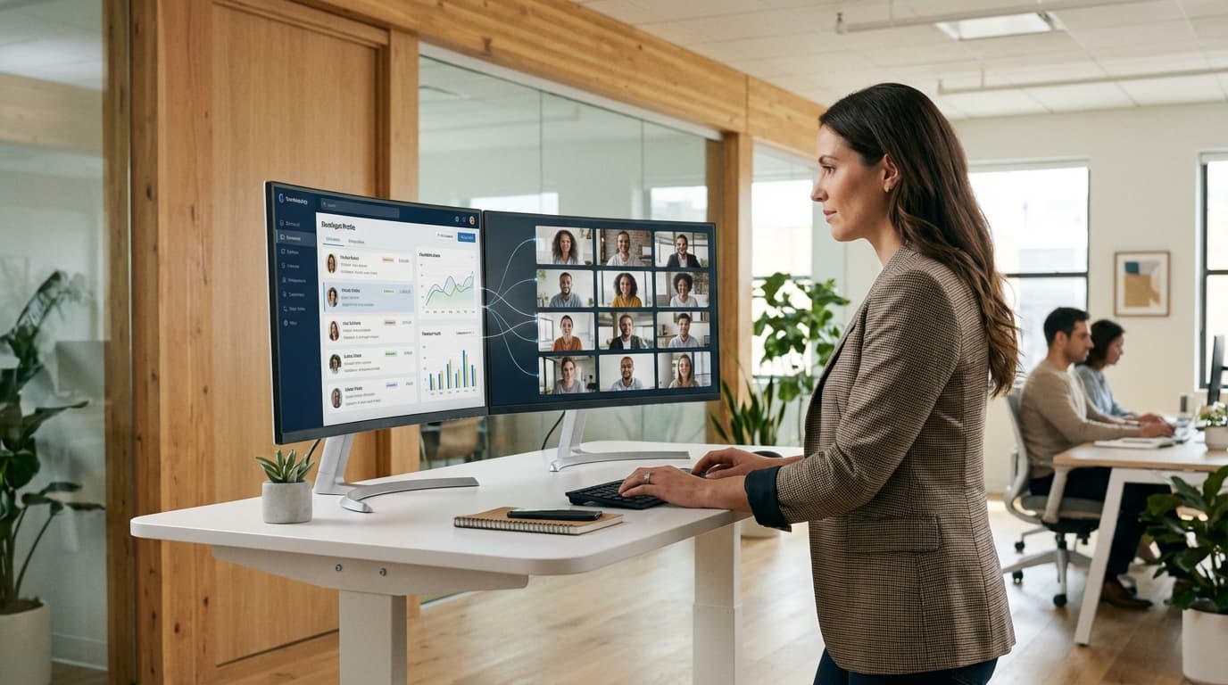 Recruiter working with dual monitors showing ATS and video interviews