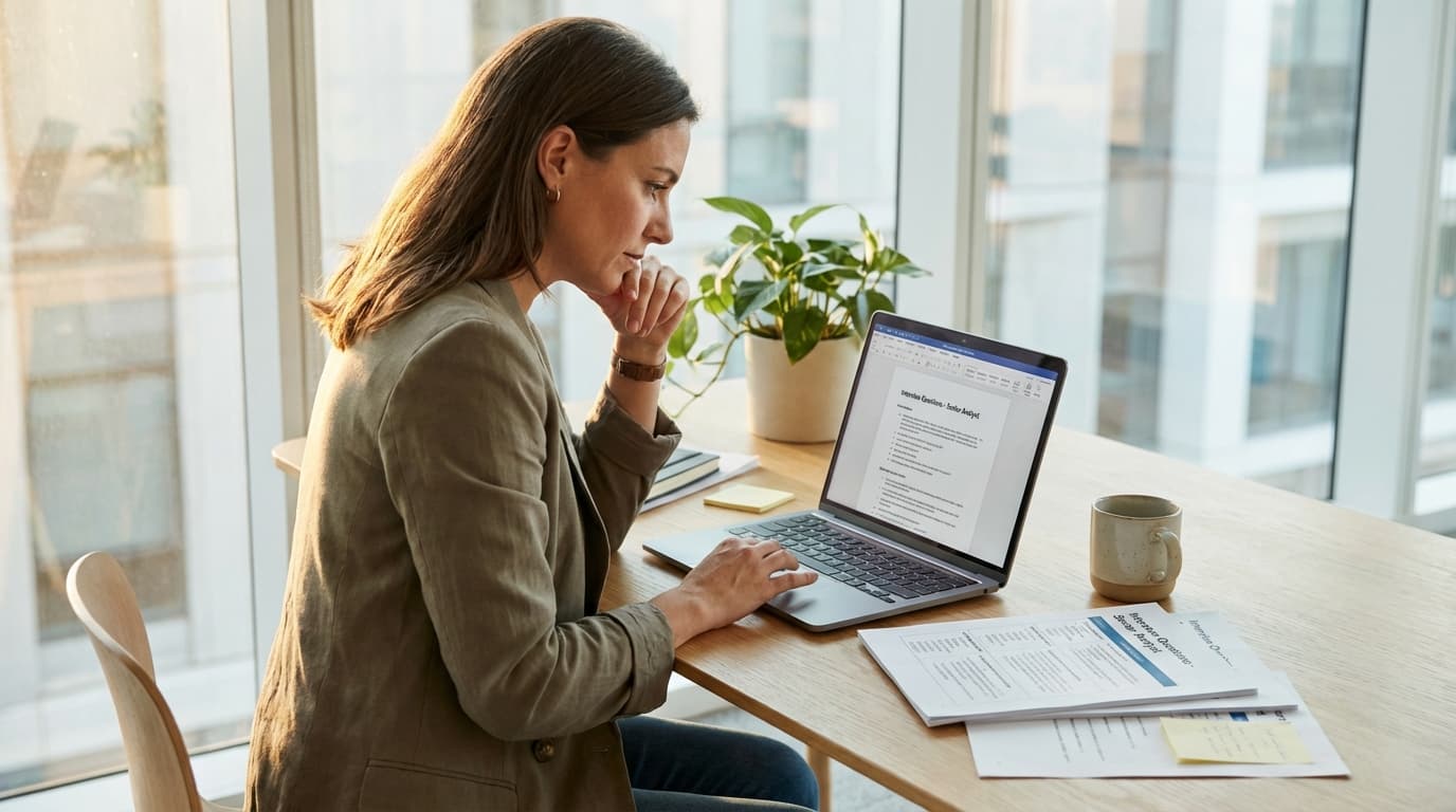 Hiring manager preparing structured interview questions at a desk